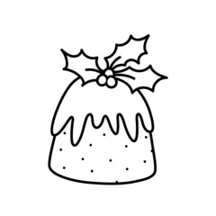Traditional Christmas pudding with holly berry isolated on white background.Vector hand-drawn illustration in doodle style. Perfect for holiday designs, cards, decorations, logo, menu.