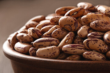 Close-up of a bowl of pinto spotted beans