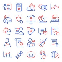 Education icons set. Included icon as Ranking star, Graph, Video conference signs. Accounting report, Work home, Messenger symbols. Accepted payment, Online chemistry, Quick tips. Guitar. Vector