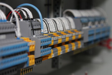1-level and 3-level electric color terminals with connected white and blue mounting wires located on the din rail.