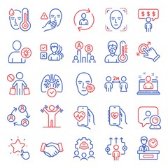 People icons set. Included icon as Dont touch, Thermometer, Ranking star signs. Engineering team, Health app, Employee benefits symbols. Problem skin, Stop shopping, Fever. Ab testing. Vector
