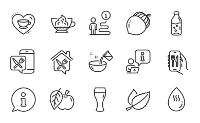 Food and drink icons set. Included icon as Water bottle, Acorn, Apple signs. Cooking water, Food app, Love coffee symbols. Beer glass, Food delivery, Mint leaves. Espresso cream. Vector