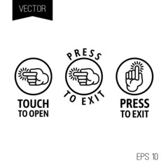 Door operation buttons, controls or icons. Vector template. Black silhouette of a hand in a circle with a signature. Push to open or press to exit. 