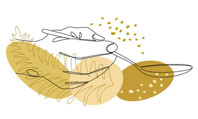 Silhouettes of a man's hand holding a spoon in a modern one line style and plant leaves. Continuous line drawing, aesthetic outline for decor, posters, stickers, logo. Vector illustration.