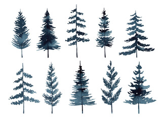 Set of watercolor pines and firs isolated on white background. Abstract silhouette trees. Perfect for holiday and Christmas designs, cards, decorations, invitations. Hand painted illustration.