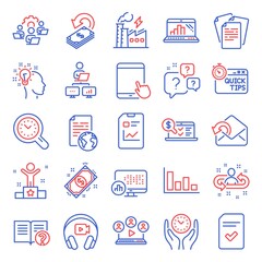 Education icons set. Included icon as Work home, Recruitment, Online accounting signs. Graph laptop, Report statistics, Report document symbols. Headphones, Idea, Payment. Quick tips, Help. Vector