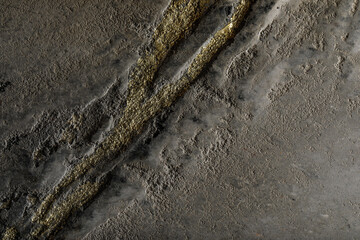 Grey concrete wall with shiny gold dust detail. Clay wall texture with cracks and imperfections. Modern interior concept