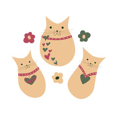 Set of Vector Illustrations of Cats with flowers and hearts. Isolated on white backgrownd