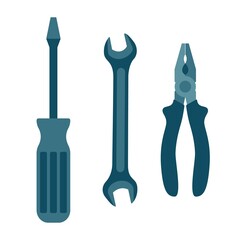 Set of tools: wrench, pliers, screwdriver. Vector image in a flat style for web design on a white background.