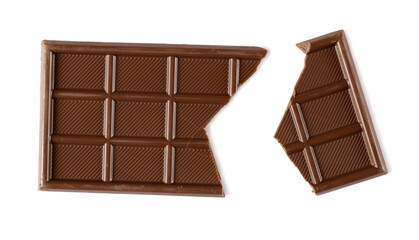 Chocolate bars broken isolated on white background, top view