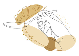 Silhouettes of a man's hand holding a spoon in a modern one line style and plant leaves. Continuous line drawing, aesthetic outline for decor, posters, stickers, logo. Vector illustration.