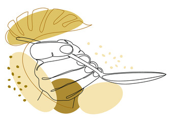 Silhouettes of a man's hand holding a spoon in a modern one line style and plant leaves. Continuous line drawing, aesthetic outline for decor, posters, stickers, logo. Vector illustration.