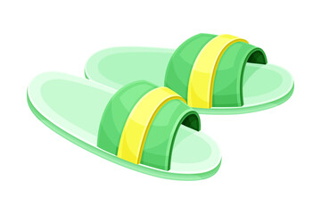 Pair of green slippers, soft comfortable textile footwear for home, flip flops shoes cartoon vector illustration
