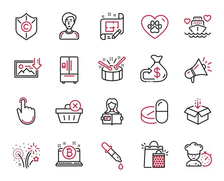 Vector Set of Business icons related to Delete purchase, Drums and Honeymoon cruise icons. Megaphone, Architect plan and Pets care signs. Copyright protection, Refrigerator and Hand click. Vector