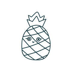 Cute kawaii pineapple with eyes and a smile. Yellow pineapple with green leaves. Cartoon childish image of pineapple character. Isolated fully editable vector flat illustration on white background.