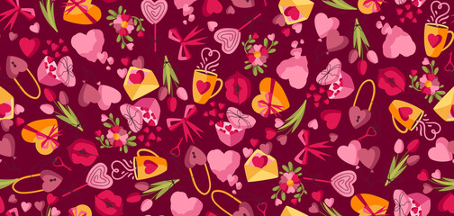 Happy Valentine Day seamless pattern. Holiday background with romantic and love symbols.