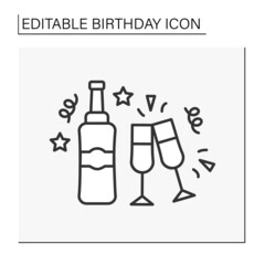 Celebration line icon. Cocktail birthday party with champagne and two glasses. Cheers. Birthday concept. Isolated vector illustration. Editable stroke