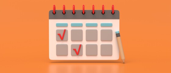 Organizer and pencil minimal design. Calendar, checked tasks on orange background. 3d illustration