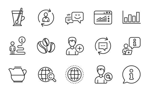 Line icons set. Included icon as Milk jug, Globe, Happy emotion signs. Report diagram, Web traffic, Person info symbols. Update comments, Coffee-berry beans, Add person. Search people. Vector