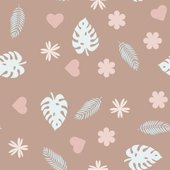 seamless pattern of floral ornament, monsters, hearts on a light brown, pink background. beautiful cute pattern for fabric, wallpaper, vector illustration
