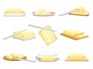 Butter bricks and slices set. Natural dairy product, margarine or spread vector illustration