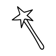 Magic wand for Halloween. Doodle symbol of holiday horror drawn by line. The tool of a witch, wizard or sorcerer. Black outline vector element.