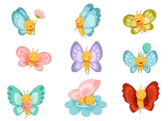 Adorable baby butterflies set. Cute insects with colorful wings and funny faces cartoon vector illustration