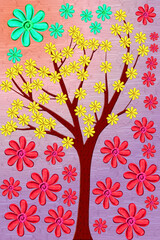 Yellow and Red flower tree artwork