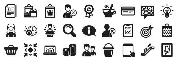 Set of simple icons, such as Shop cart, Shopping, Woman icons. Remove account, Web analytics, Money transfer signs. Delete user, Window cleaning, Escalator. Tea cup, Credit card, Bucket. Vector