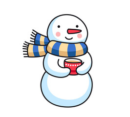 Cute snowman in striped scarf. Kawaii cartoon character. Colored vector illustration for pin, sticker patch, badge, greeting card, postcard.
