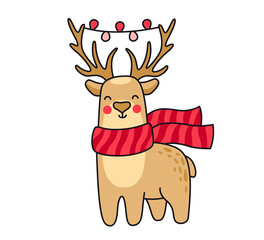 Christmas deer with garland on the horns. Cute cartoon animal character. Funny cute vector colored illustration for print, greeting card, postcard, sticker and pin.