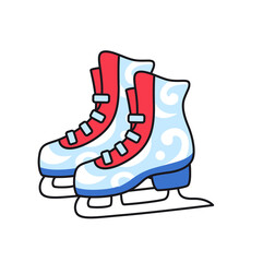 Figure skates with ornament, winter sports shoes. Ice skating equipment. Colored vector illustration for print, pin, sticker, badge.