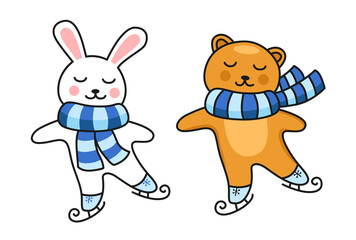 Ice skating rabbit and bear. Bunny in striped scarf. Cute cartoon funny character. Colored vector illustration for pin, sticker patch, badge, greeting card, postcard.