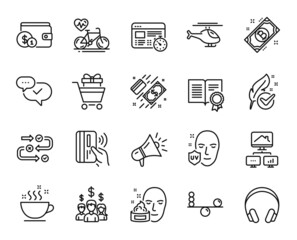 Vector set of Buying accessory, Survey progress and Bitcoin line icons set. Coffee cup, Work home and Megaphone icons. Approved, Salary employees and Web timer signs. Vector