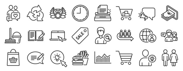 Set of line icons, such as User idea, Sale ticket, Laureate medal icons. Feedback, Search people, Time signs. Money diagram, Megaphone, Online buying. People talking, Dating chat, Message. Vector