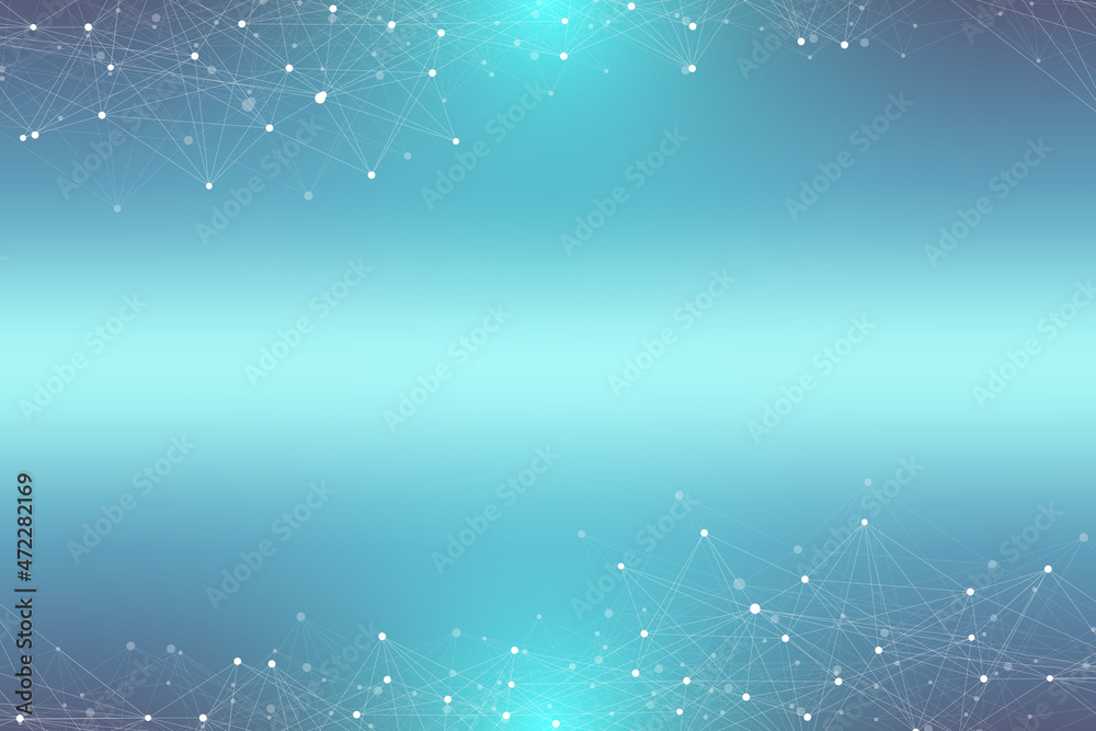 Poster Technology abstract background with connected line and dots. Big data visualization. Artificial Intelligence and Machine Learning Concept. Analytical networks. Wave flow, cybernetic illustration.