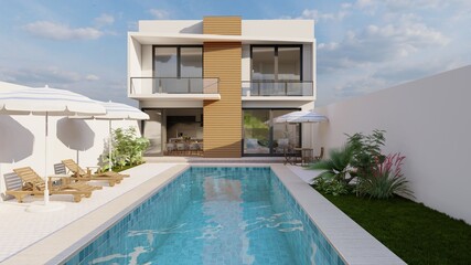 Minimalist facade with pool