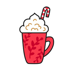 Irish coffee drink with whipped cream. Traditional hot winter beverages in red christmas mug. Vector isolated colored illustration for menu, print, postcard.