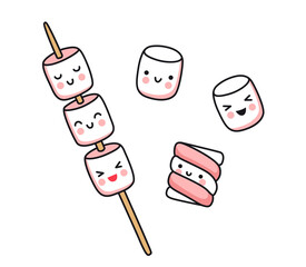 Cute little marshmallows on stick and striped marshmallow. Pink and white colored flat vector isolated illustration. Cartoon kawaii characters for pin, print, sticker, patch, badge, postcard.