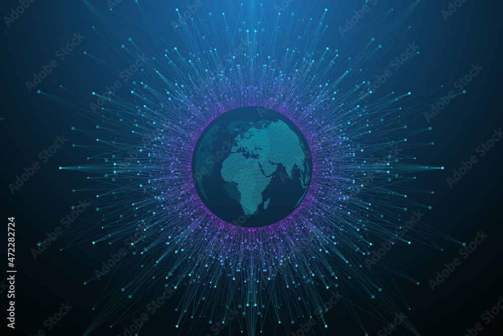 Aufkleber World map point with global technology networking concept. Digital data visualization. Lines plexus. Big Data background communication. Scientific illustration.