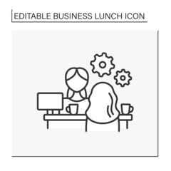 Interview line icon. Communication with potential worker. Coffee break. Workspace with laptop. Business lunch concept. Isolated vector illustration. Editable stroke