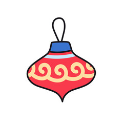 Red christmas tree toy. Holiday decoration, design element. Vector colored isolated illustration for pin, sticker, patch, badge, greeting card.