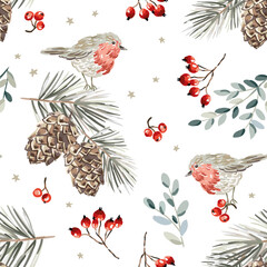 Christmas seamless pattern, robin birds, red berries, fir twigs, cedar cones, stars, white background. Vector illustration. Nature design. Season greeting. Winter Xmas holidays