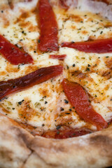 Closeup view of mozzarella cheese pizza with oregano and roasted bell peppers.