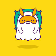 Cute friendly ghost sleep on pillow with an eye mask isolated on yellow background