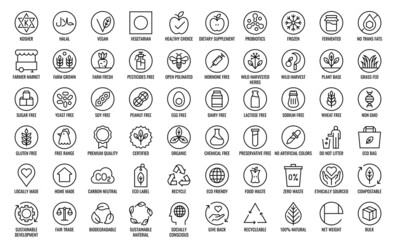 Organic food label line icon set with name, vector illustration