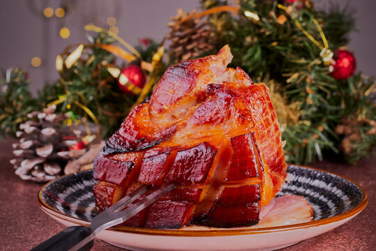 Christmas gammon roast dinner with all the trimmings and gravy.