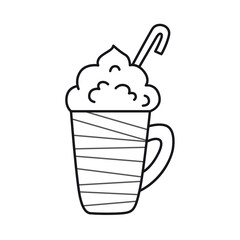 Irish coffee drink with whipped cream. Outline illustration. Traditional hot winter drink. Vector isolated emblem for logo, coloring book, tattoo, print.