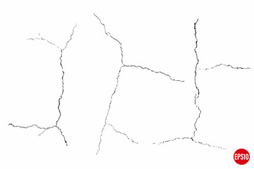 Crack vector set. Grunge urban graphic elements of rough surface. Dust overlay distress grained texture. One color graphic resource.