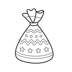 Christmas bag with presents and gifts. Funny cute outline holiday illustration. Vector isolated emblem for logo, coloring book, tattoo, print.